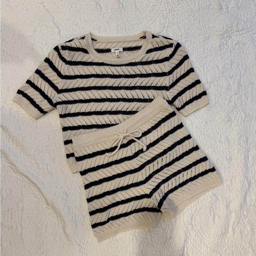 aerie Cream and Black Striped Knit Short Set